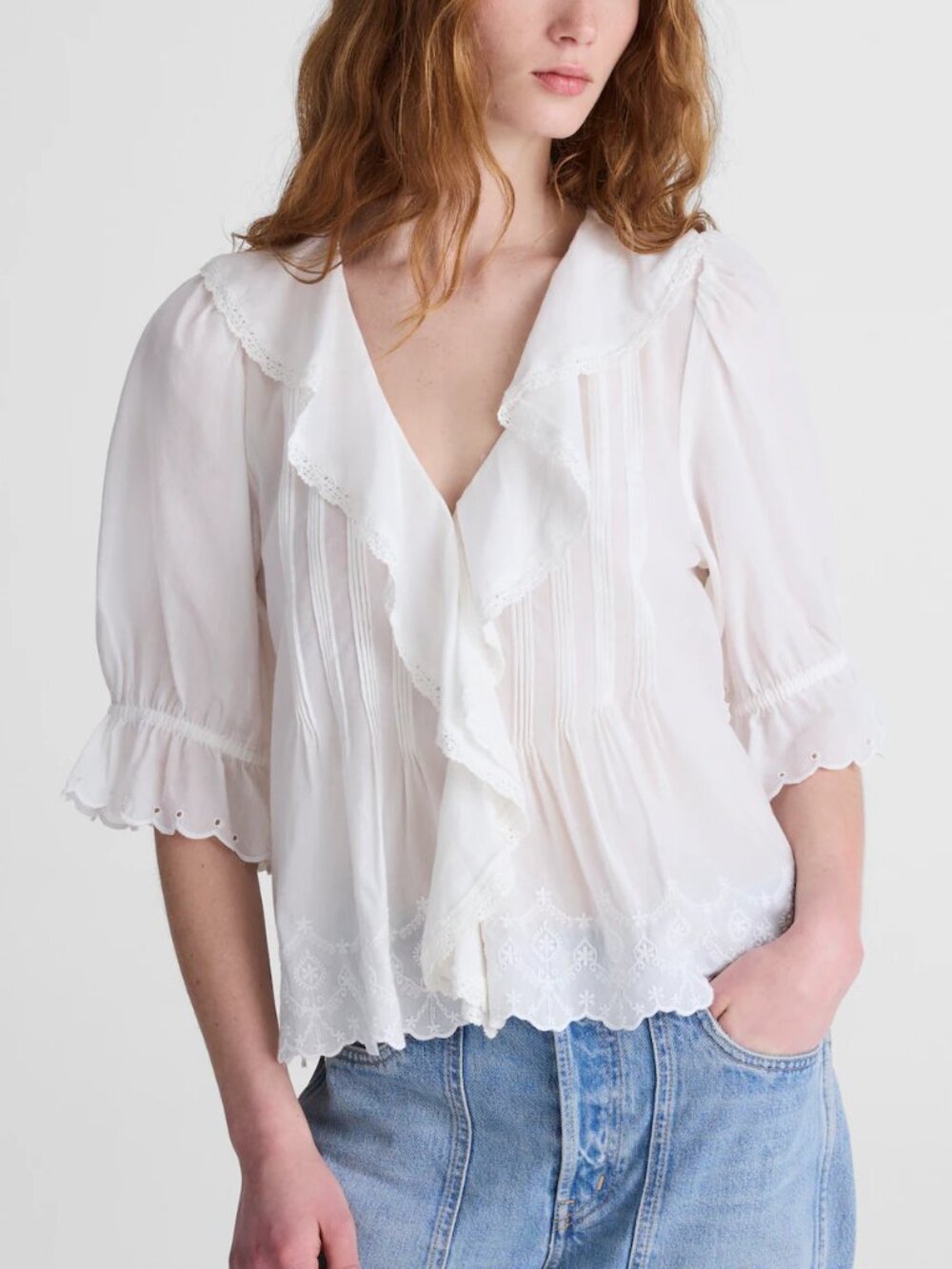 Madewell Blaire Eyelet Pintuck Embroidered Ruffle Sleeve Top White Size XXL NWT